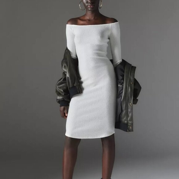 NWT UO Silence + Noise Cookie Cozy Off the Shoulder Cream Knit Midi Dress - Picture 1 of 6